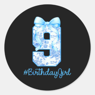 9 Year Old Birthday Girl Coquette Bow 9th Birthday Classic Round Sticker