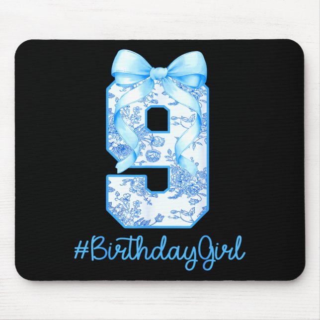 9 Year Old Birthday Girl Coquette Bow 9th Birthday Mouse Mat (Front)