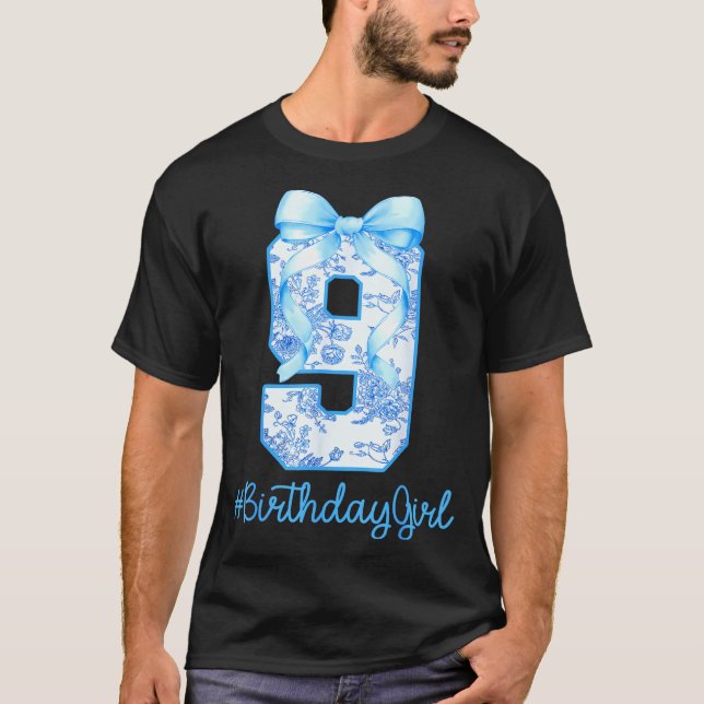 9 Year Old Birthday Girl Coquette Bow 9th Birthday T-Shirt (Front)