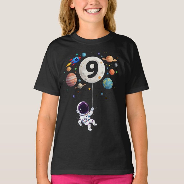 9 Year Old Birthday Planets Astronaut 9th Birthday T-Shirt (Front)
