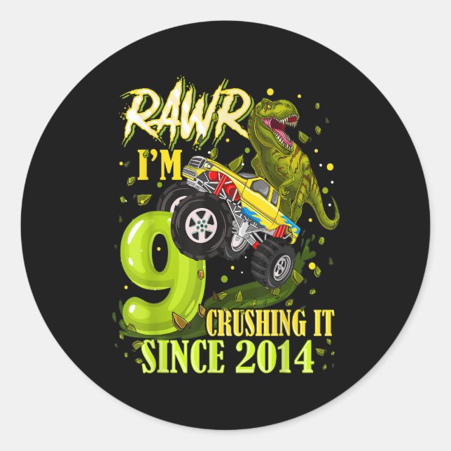 9 Year Old Dinosaur Trex Monster Truck 9th Birthda Classic Round Sticker (Front)
