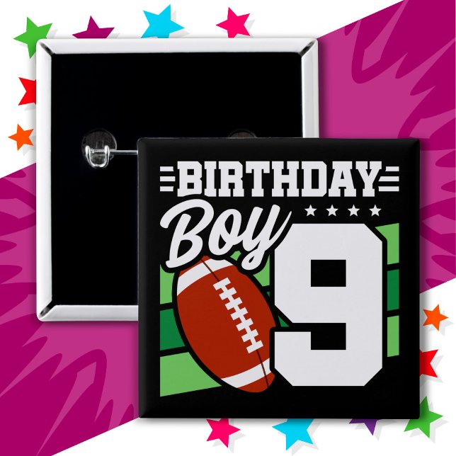 9 Year Old Football Party Theme 9th Birthday Boy 15 Cm Square Badge (Creator Uploaded)