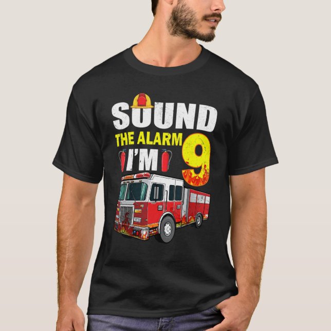9 Year Old It's My 9th Birthday Boy Fire Truck Fir T-Shirt (Front)