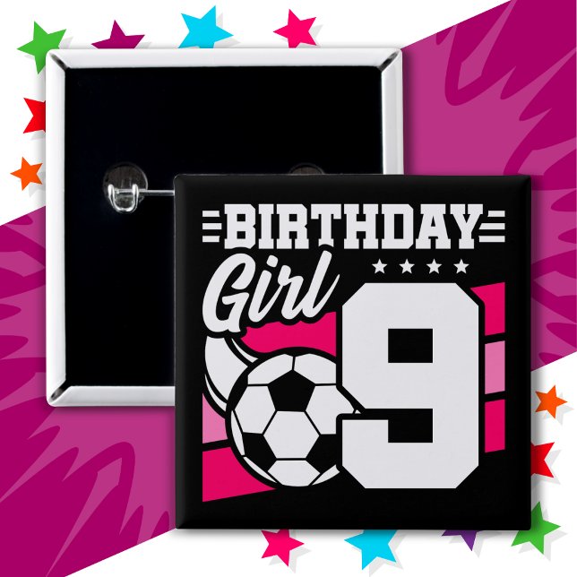 9 Year Old Soccer Football Party 9th Birthday Girl 15 Cm Square Badge (Creator Uploaded)