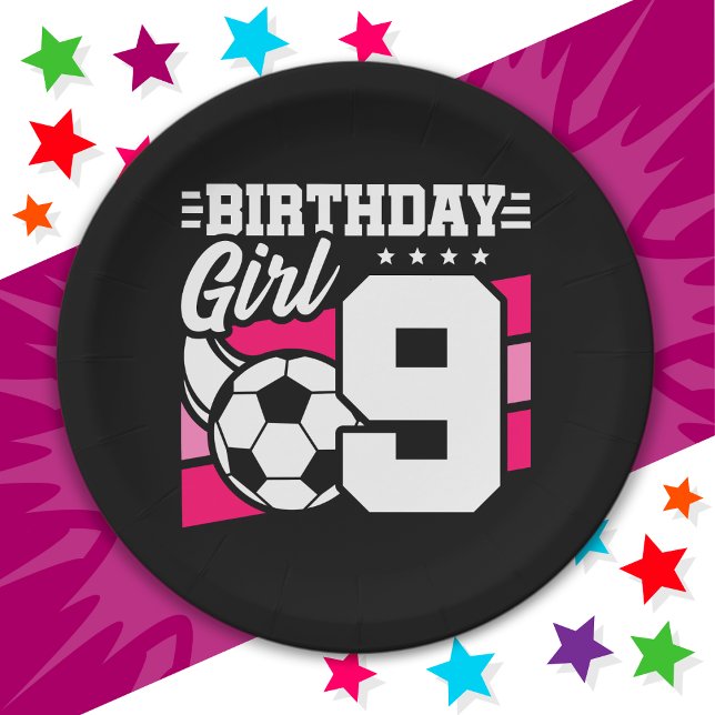 9 Year Old Soccer Football Party 9th Birthday Girl Paper Plate (Creator Uploaded)