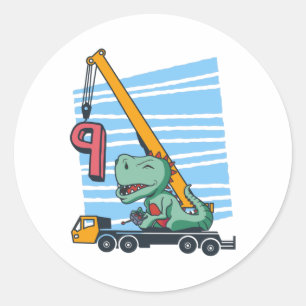 9 years 9th Birthday Mobile Crane Dinosaur Classic Round Sticker