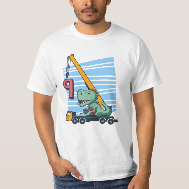 9 years 9th Birthday Mobile Crane Dinosaur T-Shirt (Front)