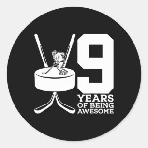 9 YEARS OF BEING AWESOME ICE HOCKEY 9TH BIRTHDAY CLASSIC ROUND STICKER