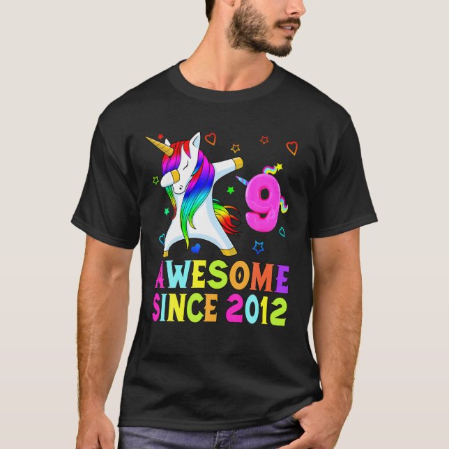 9 Years Old, 9Th Birthday Unicorn Dabbing Awesome T-Shirt (Front)