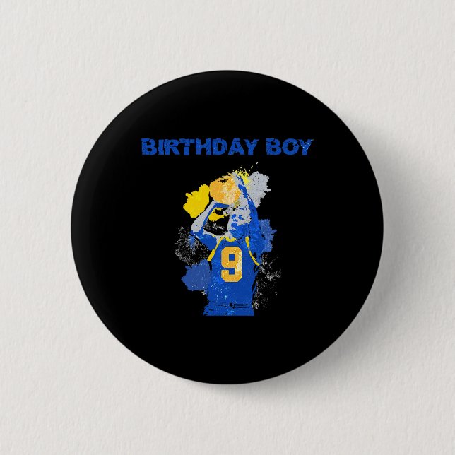 9 Years Old Birthday Boy Blue And Yellow Basketbal 6 Cm Round Badge (Front)