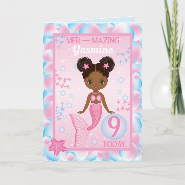 9 Years Old Black Mermaid  | Happy Birthday Card (Front)