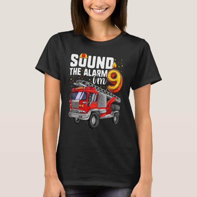 9 Years Old Firetruck  Birthday Boy Firefighter T-Shirt (Front)