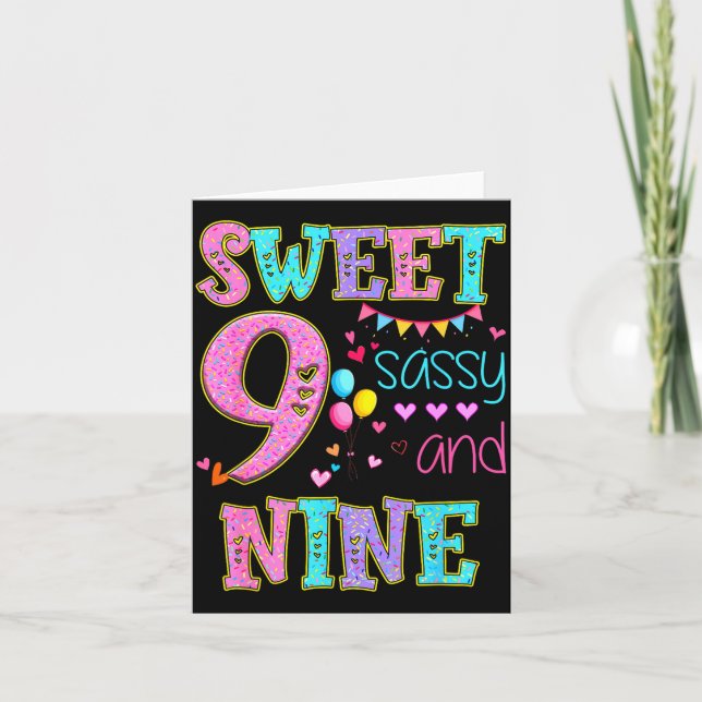 9 Years Old Sweet Sy And Nine Birthday Girl Donut  Card (Front)