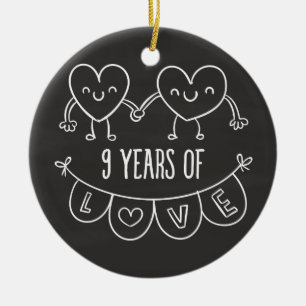 9th Anniversary Gift Chalk Hearts Ceramic Tree Decoration