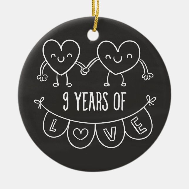 9th Anniversary Gift Chalk Hearts Ceramic Tree Decoration (Front)