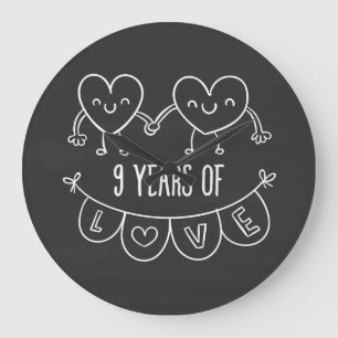 9th Anniversary Gift Chalk Hearts Large Clock