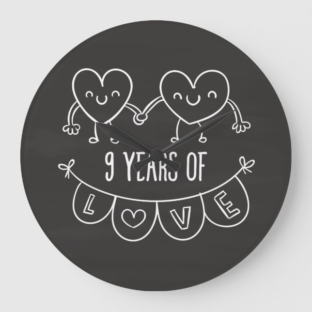 9th Anniversary Gift Chalk Hearts Large Clock (Front)