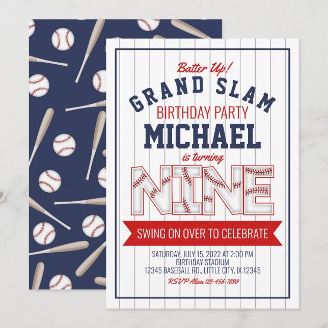 9th Baseball Birthday Invitation (Front/Back)