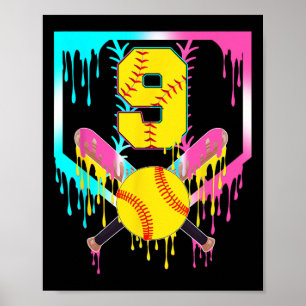 9th Bday Softll Home Plate Drip Ice Cream 9 Year O Poster