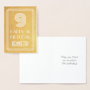 9th Birthday – Art Deco Inspired Look "9" + Name Foil Card