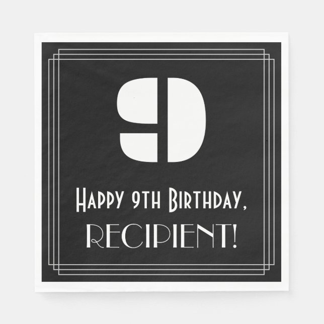 9th Birthday: Art Deco Inspired Look "9" + Name Napkin (Front)