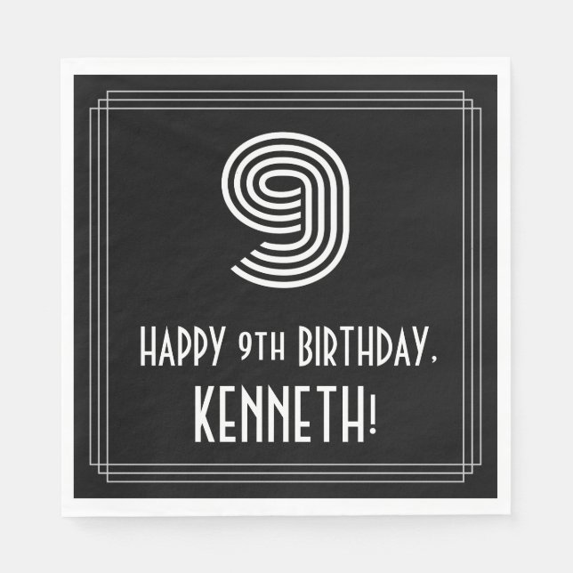 9th Birthday: Art Deco Inspired Look "9" + Name Napkin (Front)