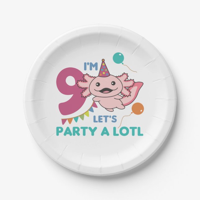 9th Birthday Axolotl Nine Year Old Cute Axolotls Paper Plate (Front)