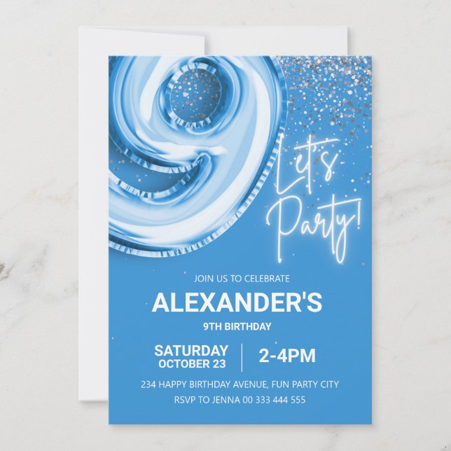 9th Birthday Balloon Boy Blue Neon  Invitation (Front)