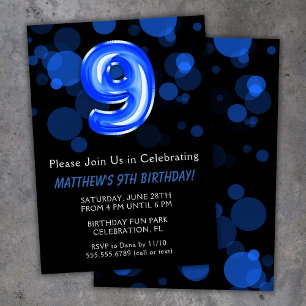 9th Birthday Balloons Kids Blue Boy Party Invitation