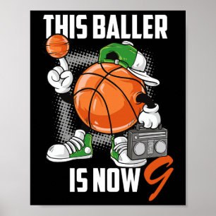 9th Birthday Basketball Player Fun 9 Years Old Kid Poster
