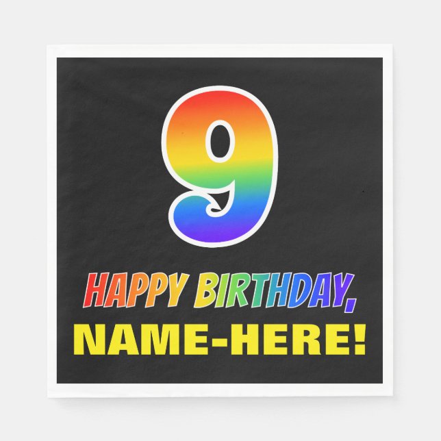 9th Birthday: Bold, Fun, Simple, Rainbow 9 Napkin (Front)