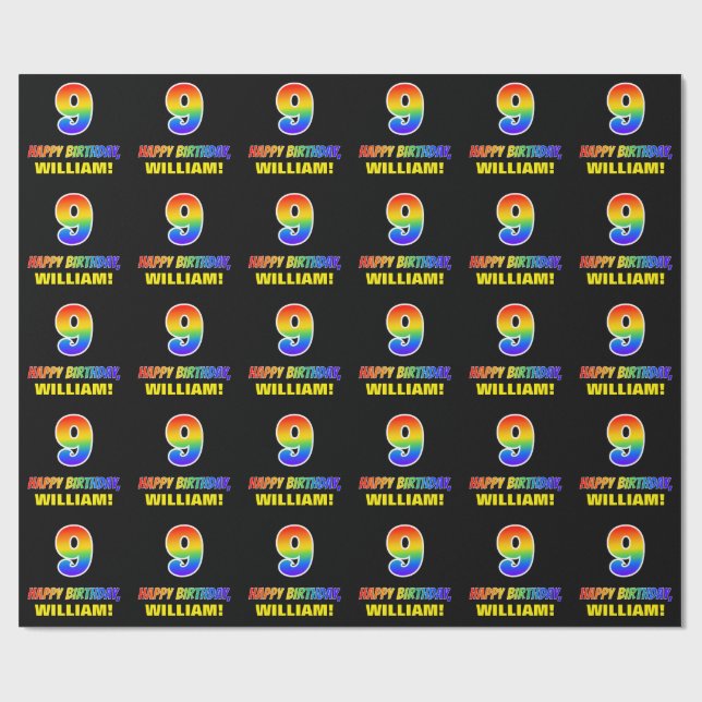 9th Birthday: Bold, Fun, Simple, Rainbow 9 Wrapping Paper (Flat)