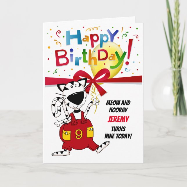 9th Birthday Boy or Girl Cute Cartoon Cat Name Card (Front)