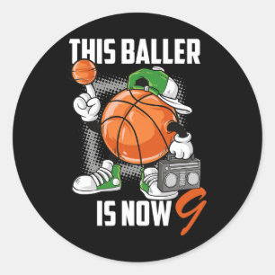 9th Birthday Bysketbyll Player Fun 9 Years Old Kid Classic Round Sticker