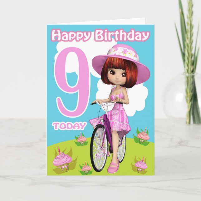 9th Birthday Card Pretty Little Girl On A Bicycle (Front)