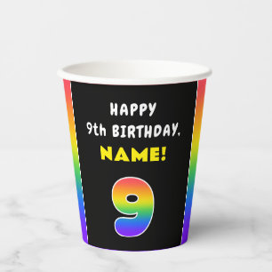 9th Birthday: Colorful Rainbow # 9, Custom Name Paper Cups