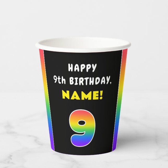9th Birthday: Colorful Rainbow # 9, Custom Name Paper Cups (Front)