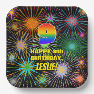 9th Birthday: Colourful, Fun Celebratory Fireworks Paper Plate