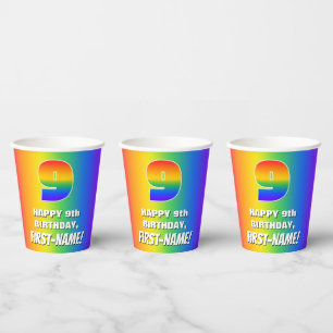 9th Birthday: Colourful, Fun Rainbow Pattern # 9 Paper Cups