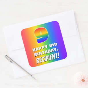 9th Birthday: Colourful, Fun Rainbow Pattern # 9 Square Sticker