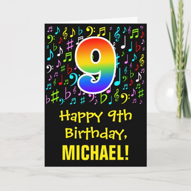 9th Birthday: Colourful Music Symbols + Rainbow 9 Card (Front)