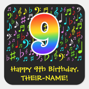 9th Birthday: Colourful Music Symbols, Rainbow 9 Square Sticker