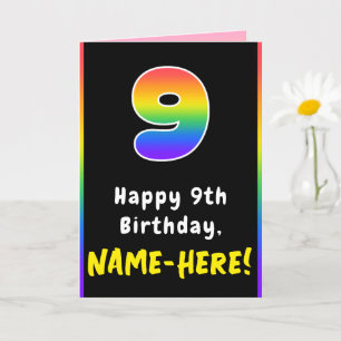 9th Birthday: Colourful Rainbow # 9, Custom Name Card