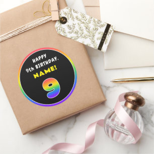 9th Birthday: Colourful Rainbow # 9, Custom Name Classic Round Sticker
