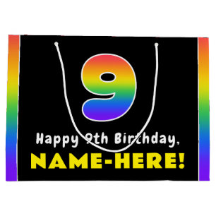 9th Birthday: Colourful Rainbow # 9, Custom Name Large Gift Bag