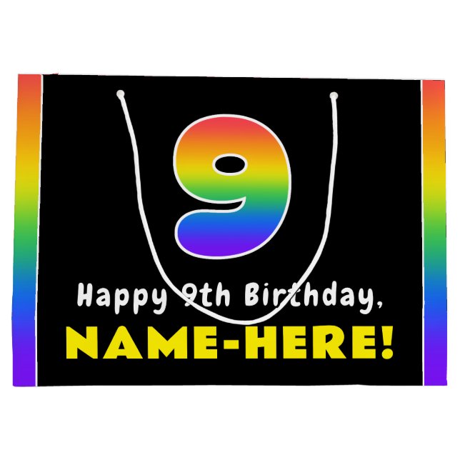 9th Birthday: Colourful Rainbow # 9, Custom Name Large Gift Bag (Back)