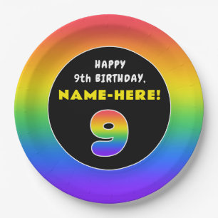 9th Birthday: Colourful Rainbow # 9, Custom Name Paper Plate