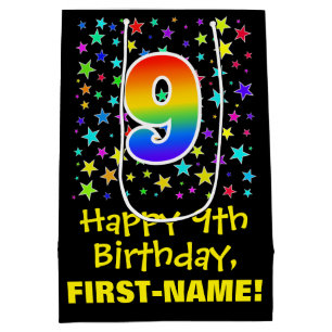 9th Birthday: Colourful Stars Pattern & Rainbow 9 Medium Gift Bag