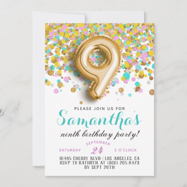 9th Birthday Confetti Invitation (Front)