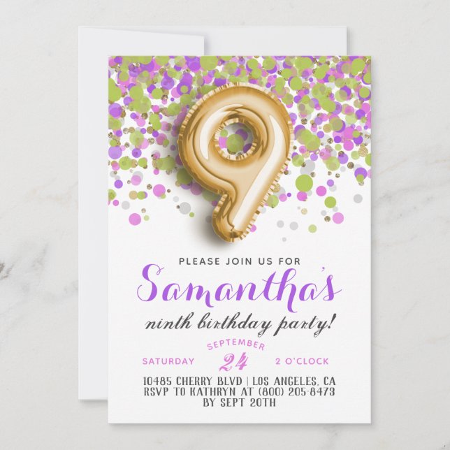 9th Birthday Confetti Invitation (Front)
